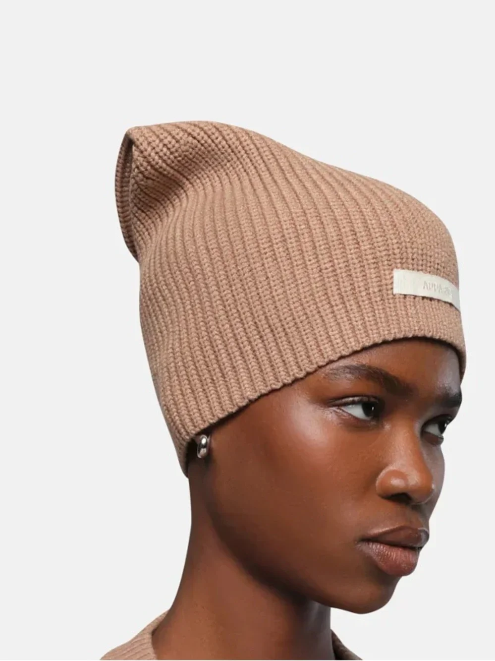 ✨New✨ Apparis Cara Logo Patch Ribbed Beanie, Beige, Cat Ear